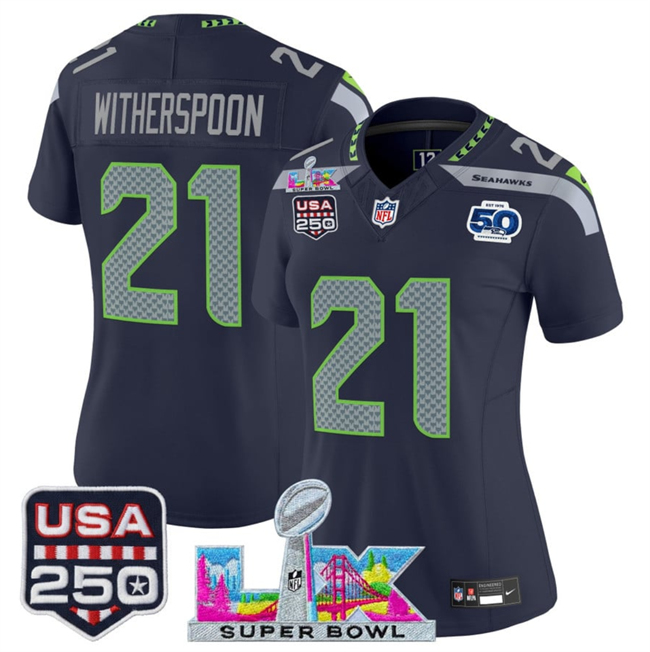 Women's Seattle Seahawks #21 Devon Witherspoon Navy 2025 F.U.S.E. Super Bowl LX Patch And 50th Season & USA 250' Patch Vapor Limited Football Stitched Jersey(Run Small)